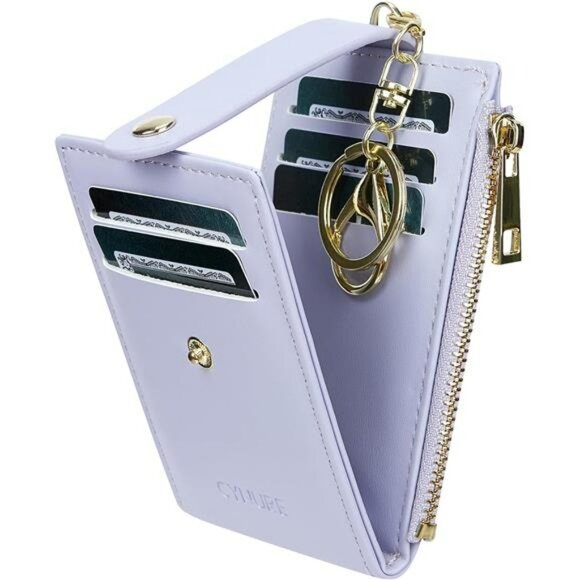 RFID blocking leather card holder slim zipper keychain wallet with ID window - Picture 2 of 8